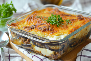 dish of moussaka, a Greek baked dish with layers of eggplant, minced meat