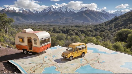 Toy camper on the map, travel concept