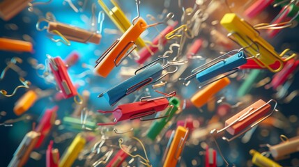 As the erasers furiously compete a group of paper clips have formed a makeshift obstacle course causing the erasers to jump dodge and spin in a frenzy to erase all the marks. - obrazy, fototapety, plakaty