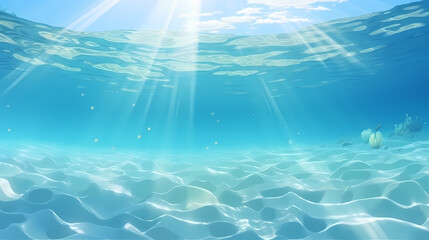 Sandy beach with light blue transparent water waves and sunlight, tranquil aerial beach scene