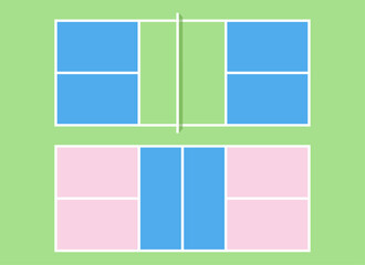 Pickleball courts set. Top view with grid and shadow. Colorful modern vector illustration.