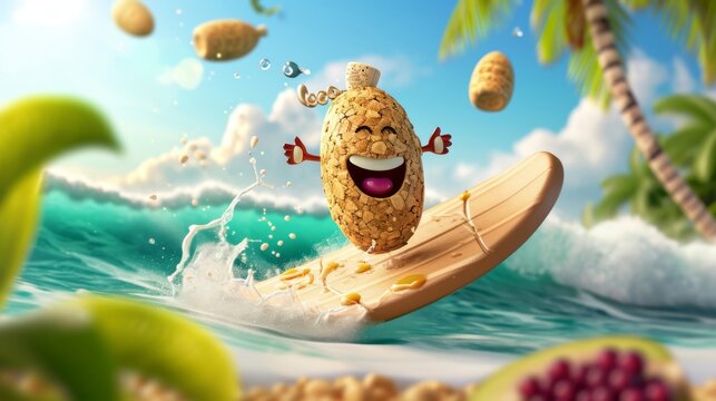 A cartoon scene of a cork riding a wine gl like a surfboard with a caption that reads Hang loose bro. Its wine oclock