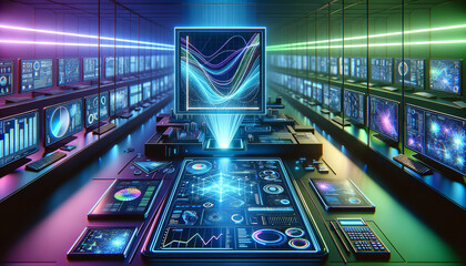 Futuristic linear regression visualization with advanced gadgets and vibrant colors.