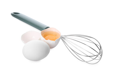 Whisk, whole and broken eggs isolated on white