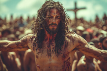 Passion of Christ on Good Friday, humiliated and insulted in the streets of Jerusalem, covered in blood and sweat for the cross - obrazy, fototapety, plakaty