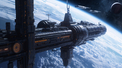 Spaceship orbits planet.