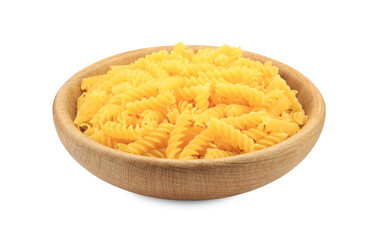 Raw fusilli pasta in bowl isolated on white