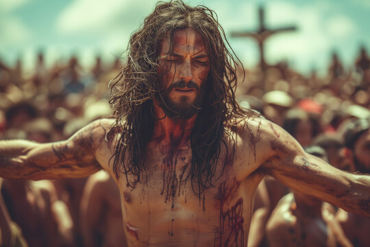 Passion of Christ on Good Friday, humiliated and insulted in the streets of Jerusalem, covered in blood and sweat for the cross