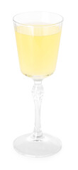 Liqueur glass with tasty limoncello isolated on white