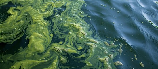 Algae blooms on water surface caused by nutrient-rich runoff from agriculture and sewage.