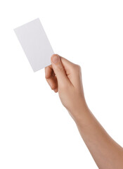 Woman holding blank business card on white background, closeup. Mockup for design