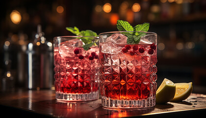 Refreshing cocktail with ice, fruit, and fresh mint leaves generated by AI - obrazy, fototapety, plakaty