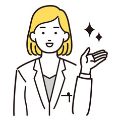 右側を案内する白衣を着た女性イラスト