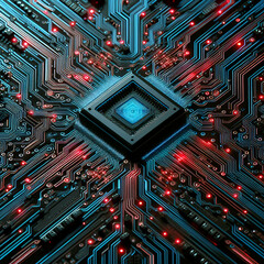 Abstract Digital Background Fine Line Technology Circuit Board Texture with Glowing Red & Blue Traces & Center Position Microprocessor Chip Electronic Motherboard Communication & Computer Engineering