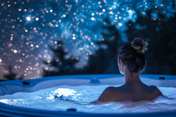 girl enjoying a hot tub, with a view of the stars above