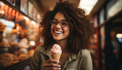 Young woman enjoying ice cream outdoors, smiling with confidence generated by AI - obrazy, fototapety, plakaty