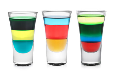 Different shooters in shot glasses isolated on white, set