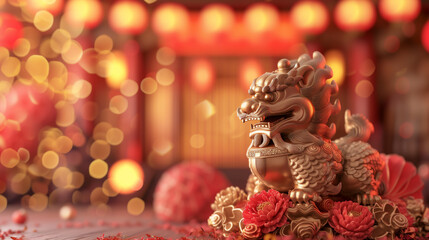 Obraz premium Lunar new year celebration, Chinese New Year. Chinese traditional lion on bokeh background with copy space for text. 