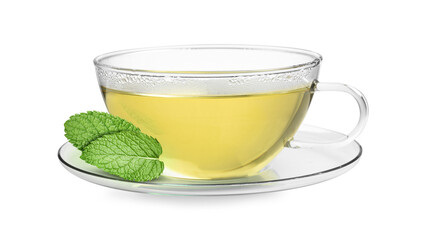 Green tea in glass cup and mint leaves isolated on white