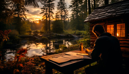 Fototapeta premium A man reading a book in the tranquil forest generated by AI