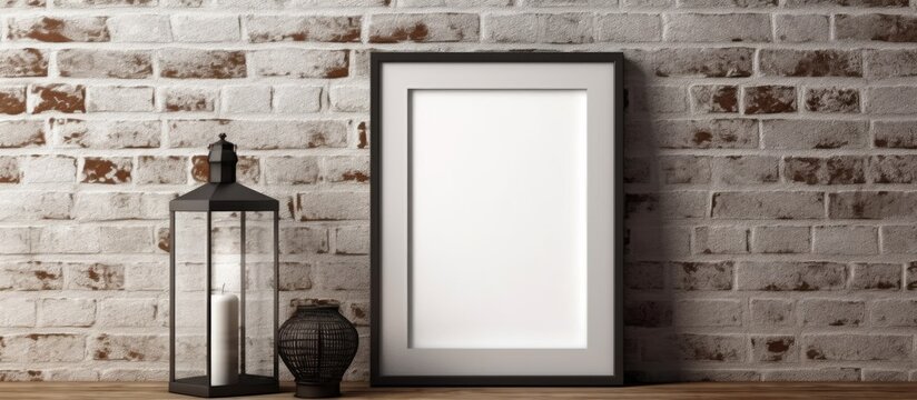 Blank picture frame mockup on shelf with vase on brick wall background.