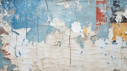 Vintage textured background with layers of peeling blue and white paint on an old wall.