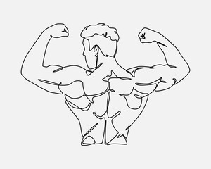 Male bodybuilder back view. Shows the bicep muscles of the hand. Continuous one line drawing. Editable stroke. Sport gym fit body workout concept. Vector illustration.