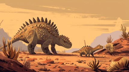 A tiny ankylosaurus cautiously exploring a new patch of land while its mother stands guard with her spiky tail raised.