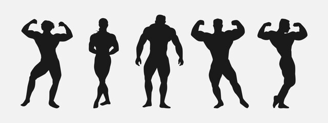 bodybuilding silhouette set. male and female athlete, bodybuilder, sport. isolated on white background. vector illustration. - obrazy, fototapety, plakaty