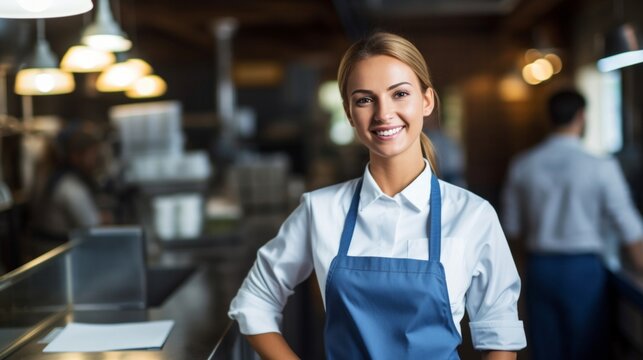 Professional young female chef with a welcoming smile standing in a commercial kitchen setting.