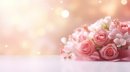 Elegant bouquet of pink roses and white flowers wrapped in ribbon against a soft glowing background.