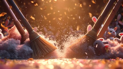 A closeup of two brooms locked in an intense staring contest surrounded by a crowd of cheering dust bunnies. The caption reads Cartoon scene of the ultimate broom - obrazy, fototapety, plakaty