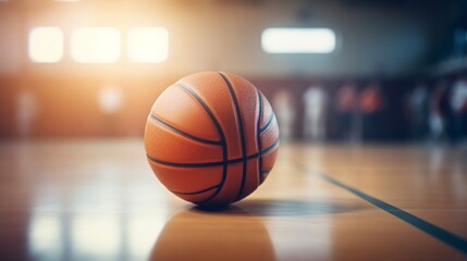 A detailed close-up shot of a basketball resting on the shiny hardwood court with blurred background.