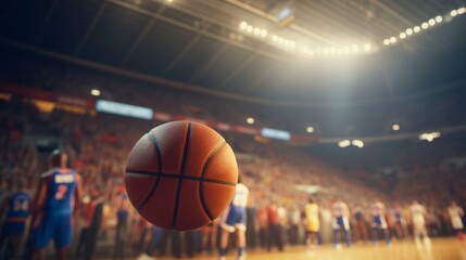 Focused image of a basketball mid-air during a professional game in a packed stadium.
