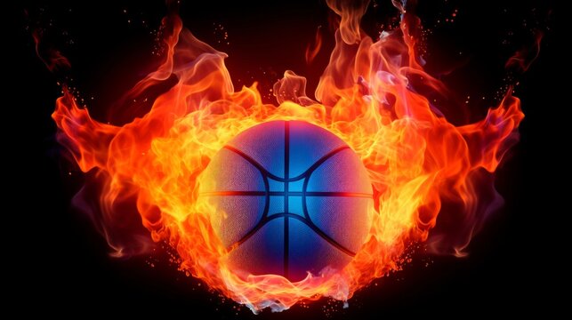 Dynamic image of a basketball engulfed in flames against a pitch-black background, symbolizing intense action.