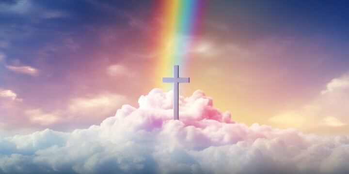 A serene image of a Christian cross silhouette against a sky with clouds and a vibrant rainbow.