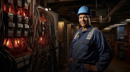 Skilled electrician in hard hat inspecting power supply with cables and switches in an industrial setting.