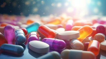Colorful assortment of various pills and capsules, representing healthcare, medicine, and pharmaceuticals, with a sparkling background.