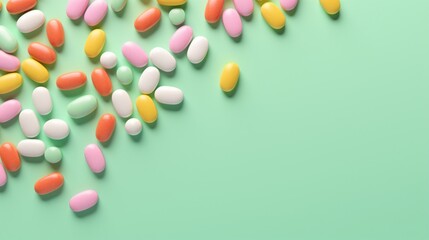 Obraz premium A variety of colorful pills scattered on a green background, symbolizing healthcare and medication.