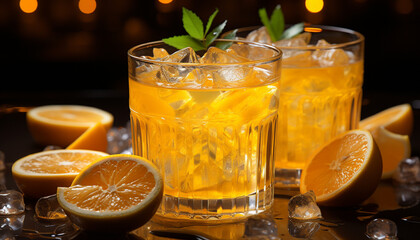 Fresh lemon slice in ice cold cocktail glass, perfect summer refreshment generated by AI