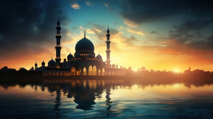 Fototapeta premium Ramadan Kareem religious background with mosque silhouettes reflected in serene sea