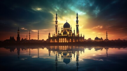 Obraz premium Ramadan Kareem religious background with mosque silhouettes reflected in serene sea
