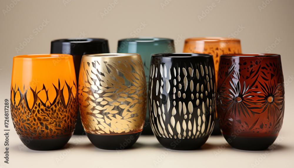 Poster a colorful collection of pottery vases in various patterns generated by ai