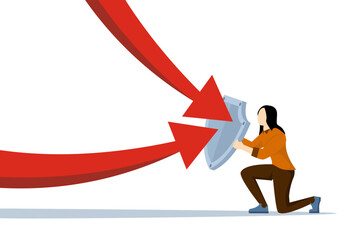 The concept of protective or defensive stocks in times of economic crisis or market downturn, businesses facing difficulties, people holding up shields to cover and protect from the arrows of decline.