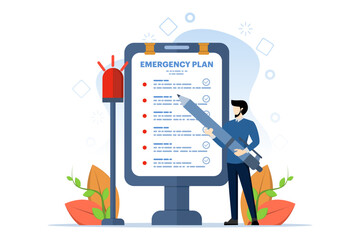 Business emergency plan concept, checklist to do in disaster, continuing business and building resilience concept, smart businessman leader holding pencil with siren flashing emergency plan paper. - obrazy, fototapety, plakaty