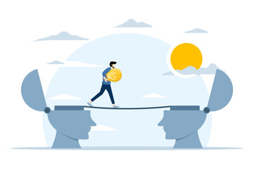concept of Skills training or job transition, sharing knowledge or sharing ideas between employees or teams, businessman holding idea light bulb walking on bridge from human brain to another brain.