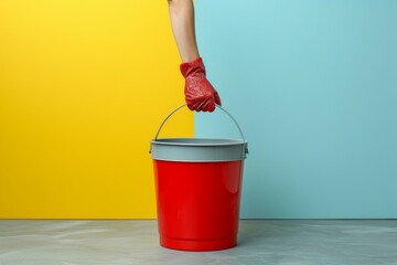A rubber-gloved hand holds an empty plastic bucket on a colored background