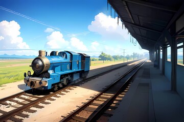 Obraz premium 異世界田舎の駅舎とディーゼル機関車の風景