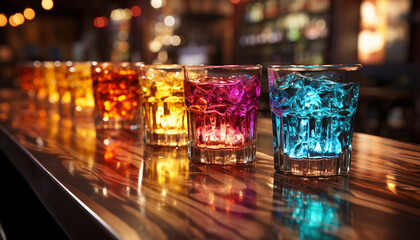 Nightclub bar counter illuminated with multi colored cocktail drinks and whiskey generated by AI