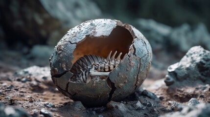 A closeup of a fossilized dinosaur egg cracked open to reveal preserved embryonic bones inside.